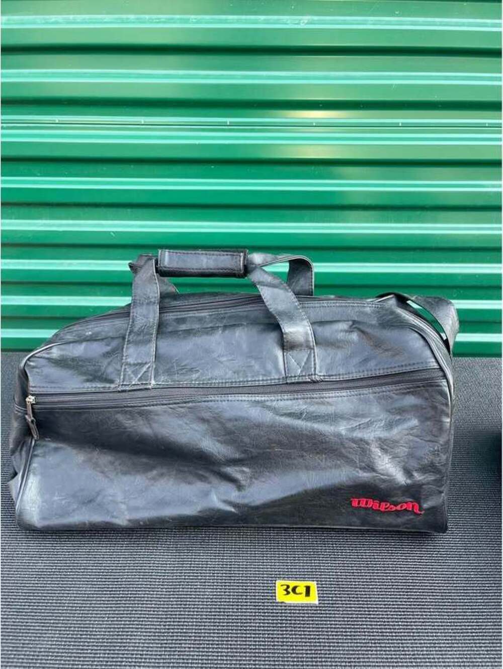 Vintage Wilson Black Faux Leather Duffel Gym Travel Bag Red Logo